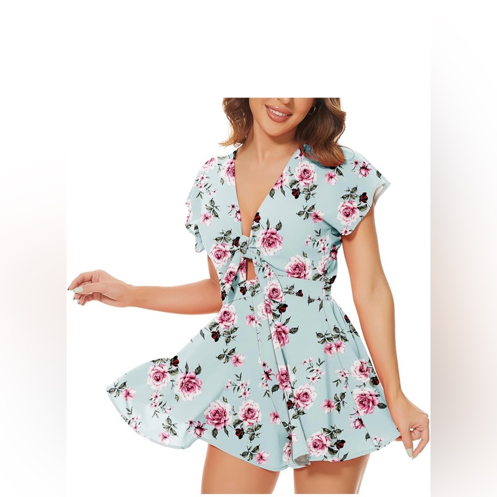 Floral V-Neck Romper in Blue and Pink